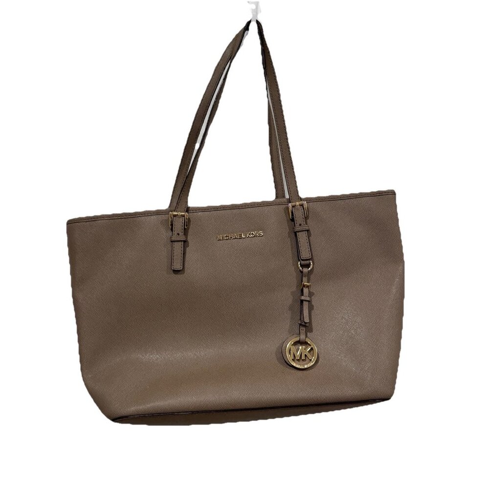 MICHAEL KORS Taupe Leather Jet Set Tote Bag Purse Vacation Brunch Spring‎ Summer